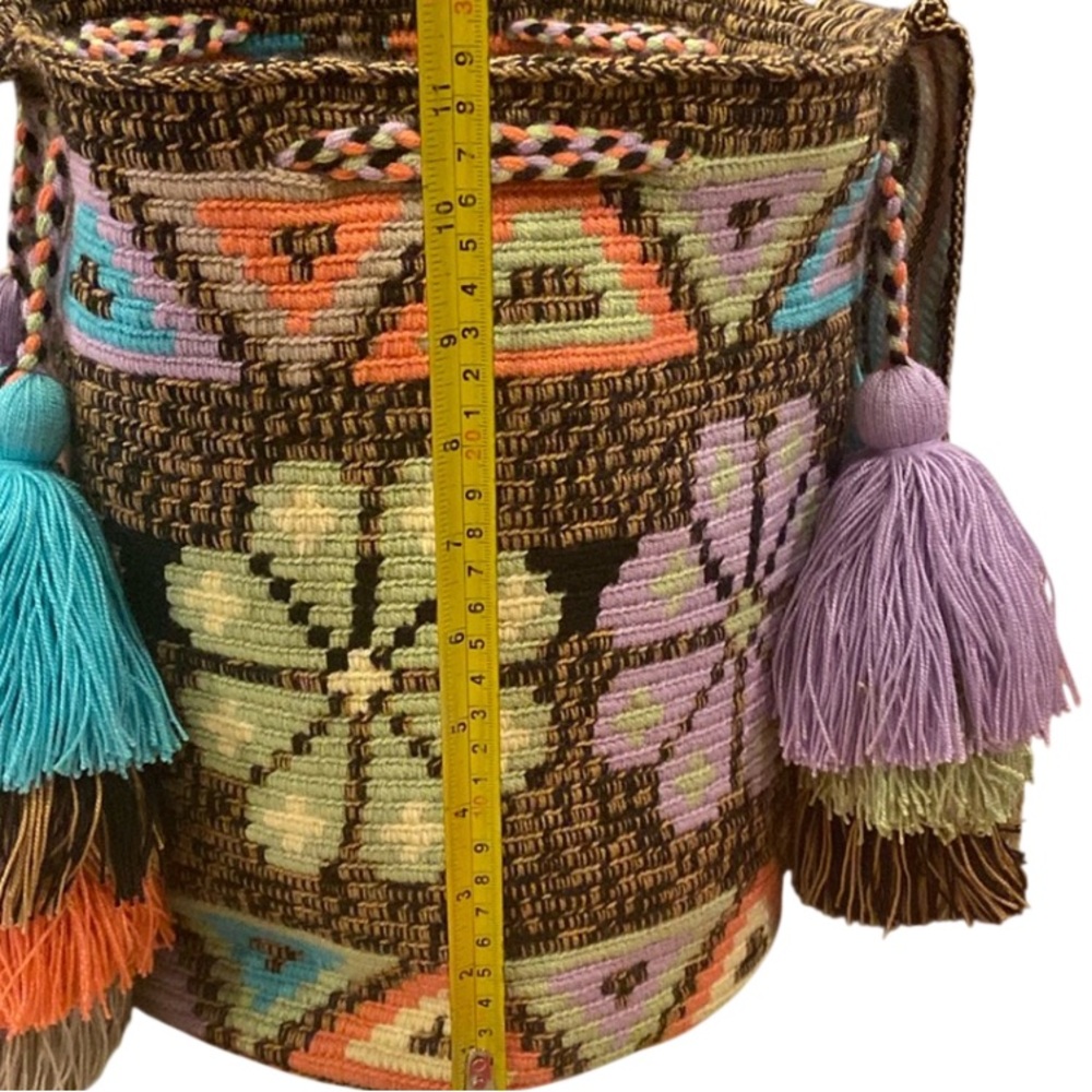 Wayuu Columbian Aztec Woven Bright Colorful Pom Pom Tassel Bucket Tote Bag - Picture 8 of 9